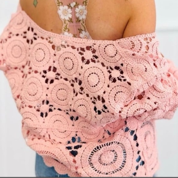 POL Pink Peach Crochet Button Front Cardigan One Size SMC79 Beautiful - Picture 3 of 13